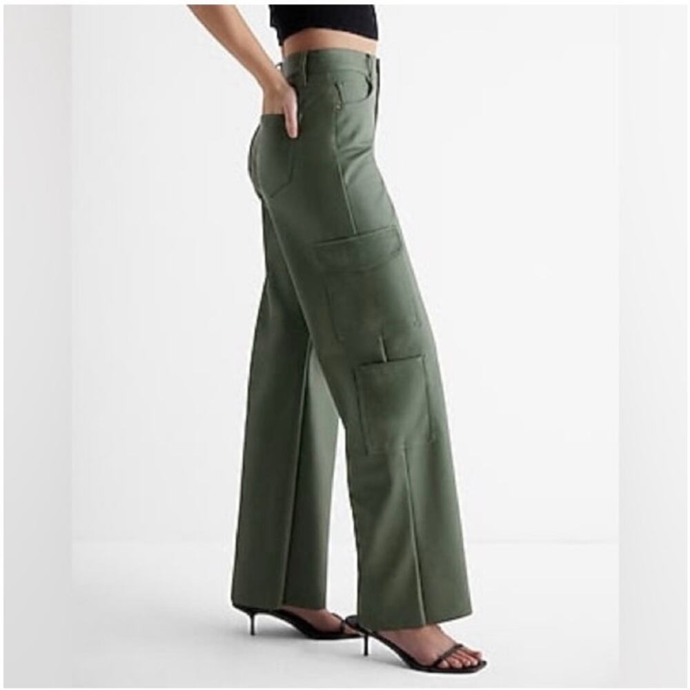 Express Pants Vegan / Faux Leather Green Cargo High Rise Wide Leg Pant 12R